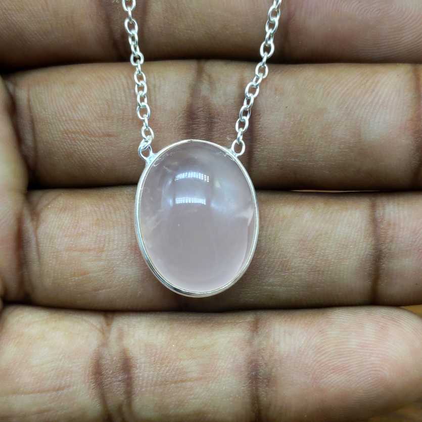 Rose Quartz 925 Silver Oval Chain Necklace Gift Jewelry