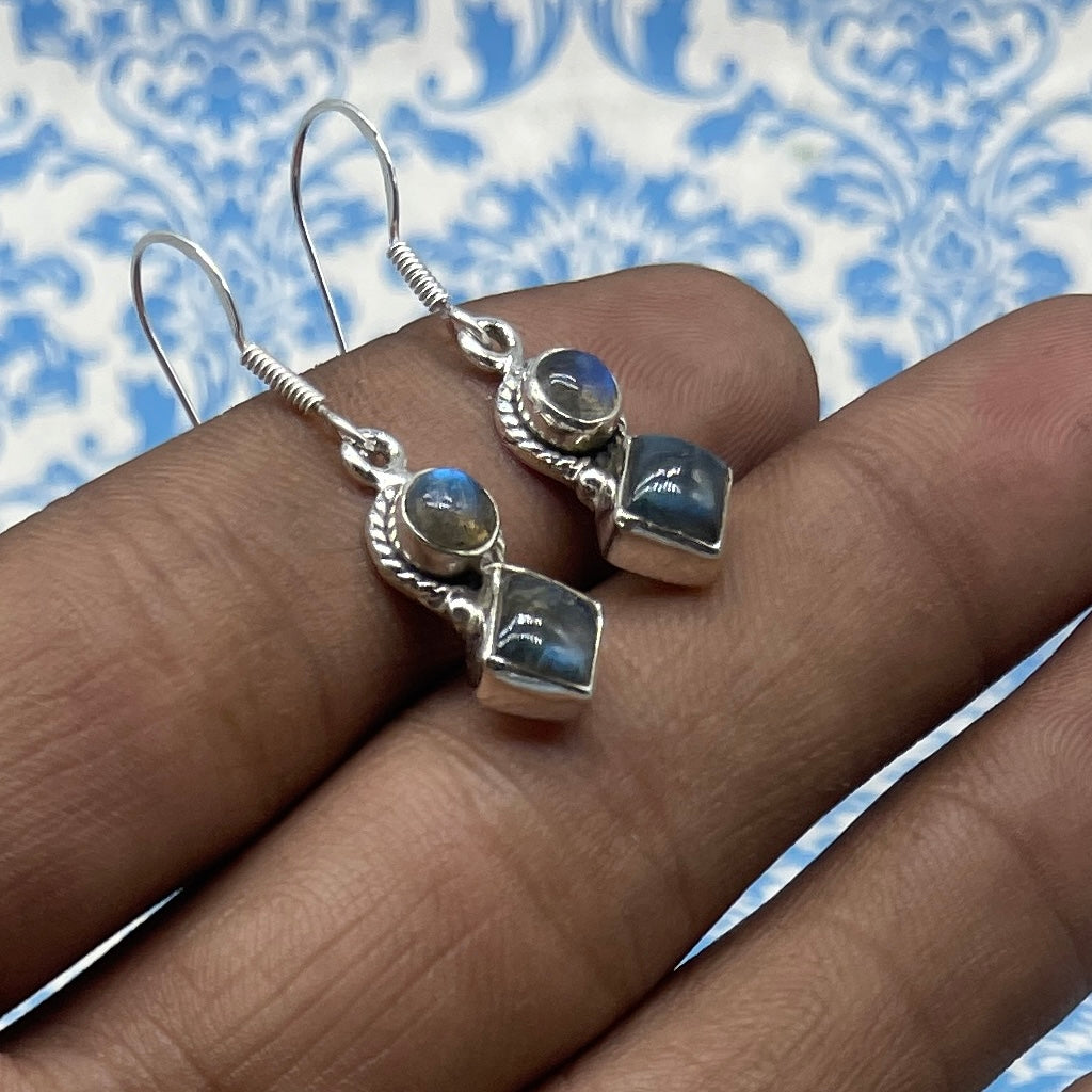 Natural Labradorite Dangle Earrings with Handmade Silver Work