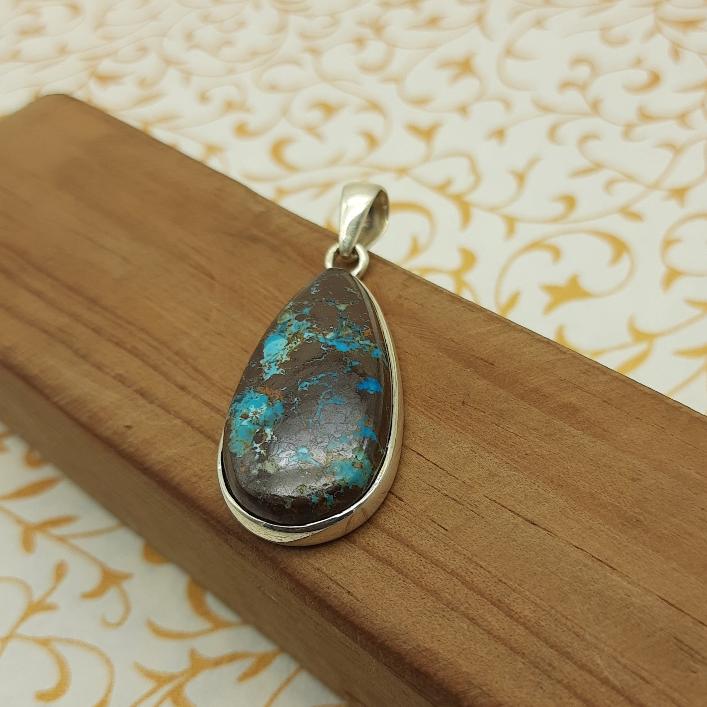 Chrysocolla Gemstone Pendant – Unique 925 Sterling Silver Boho Jewelry