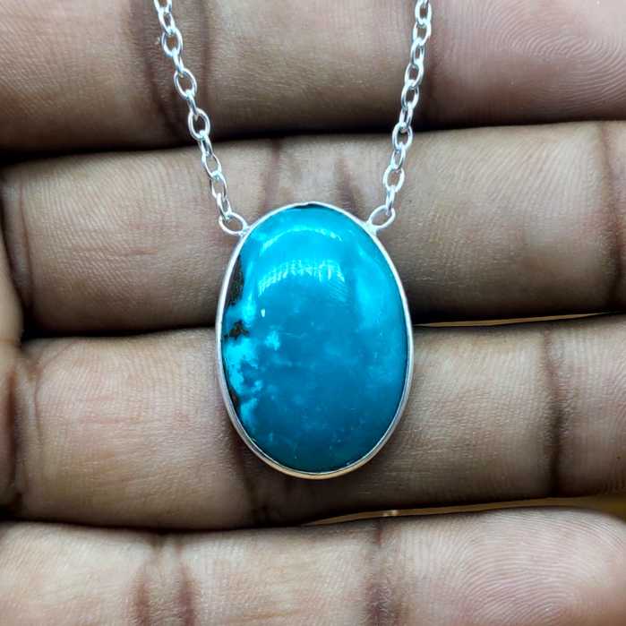 Tibetan Turquoise 925 Silver Oval Chain Necklace Handmade Gift