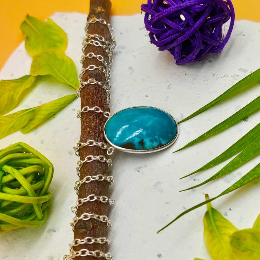 Tibetan Turquoise 925 Silver Oval Chain Necklace Handmade Gift