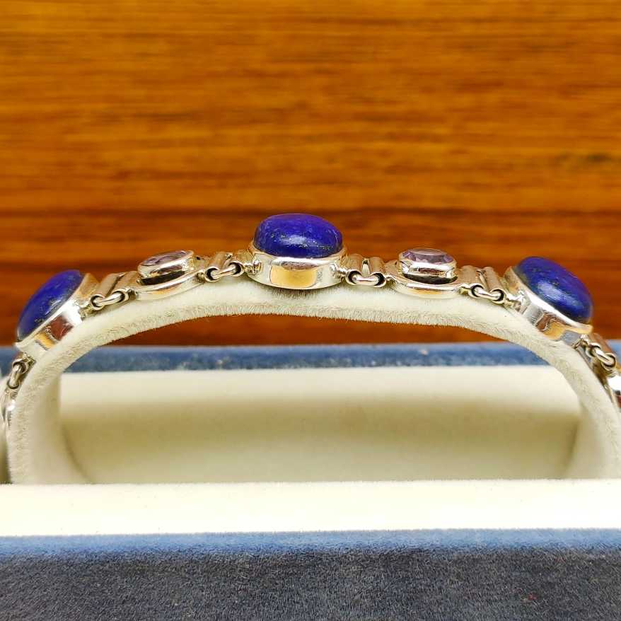 Fine Handmade 925 Sterling Silver Lapis & Amethyst  Bracelet Elegant Gemstone Jewelry