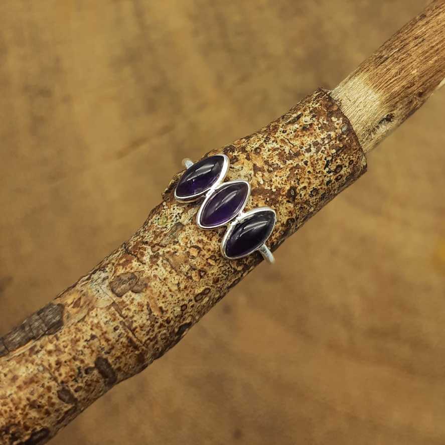 Bezel 925 Silver Amethyst Triple Stone Handcrafted Ring