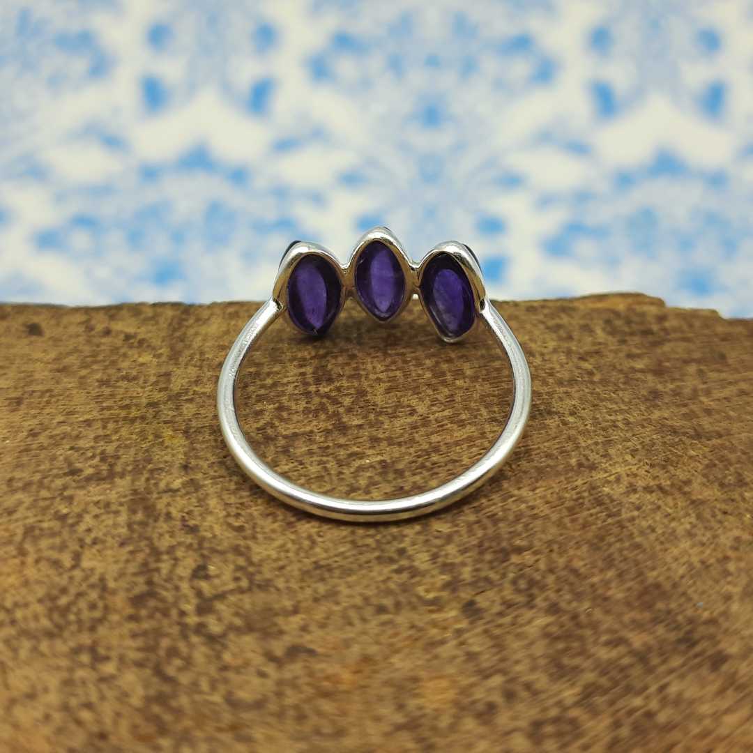 Bezel 925 Silver Amethyst Triple Stone Handcrafted Ring