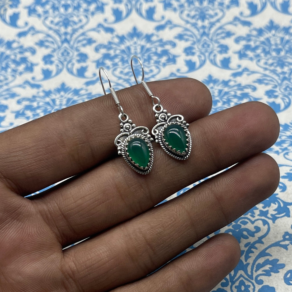 925 Silver Boho Green Onyx Earrings