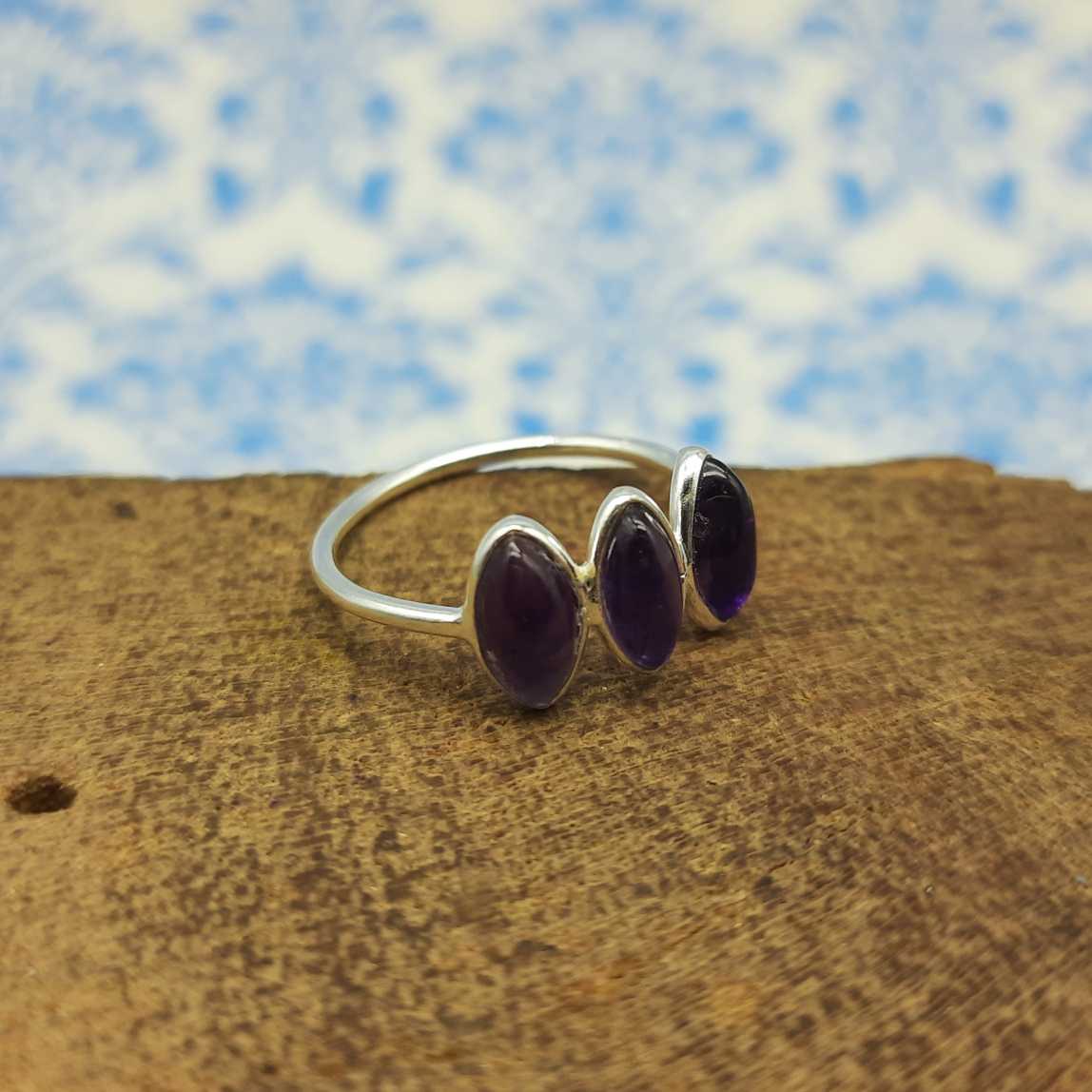 Bezel 925 Silver Amethyst Triple Stone Handcrafted Ring