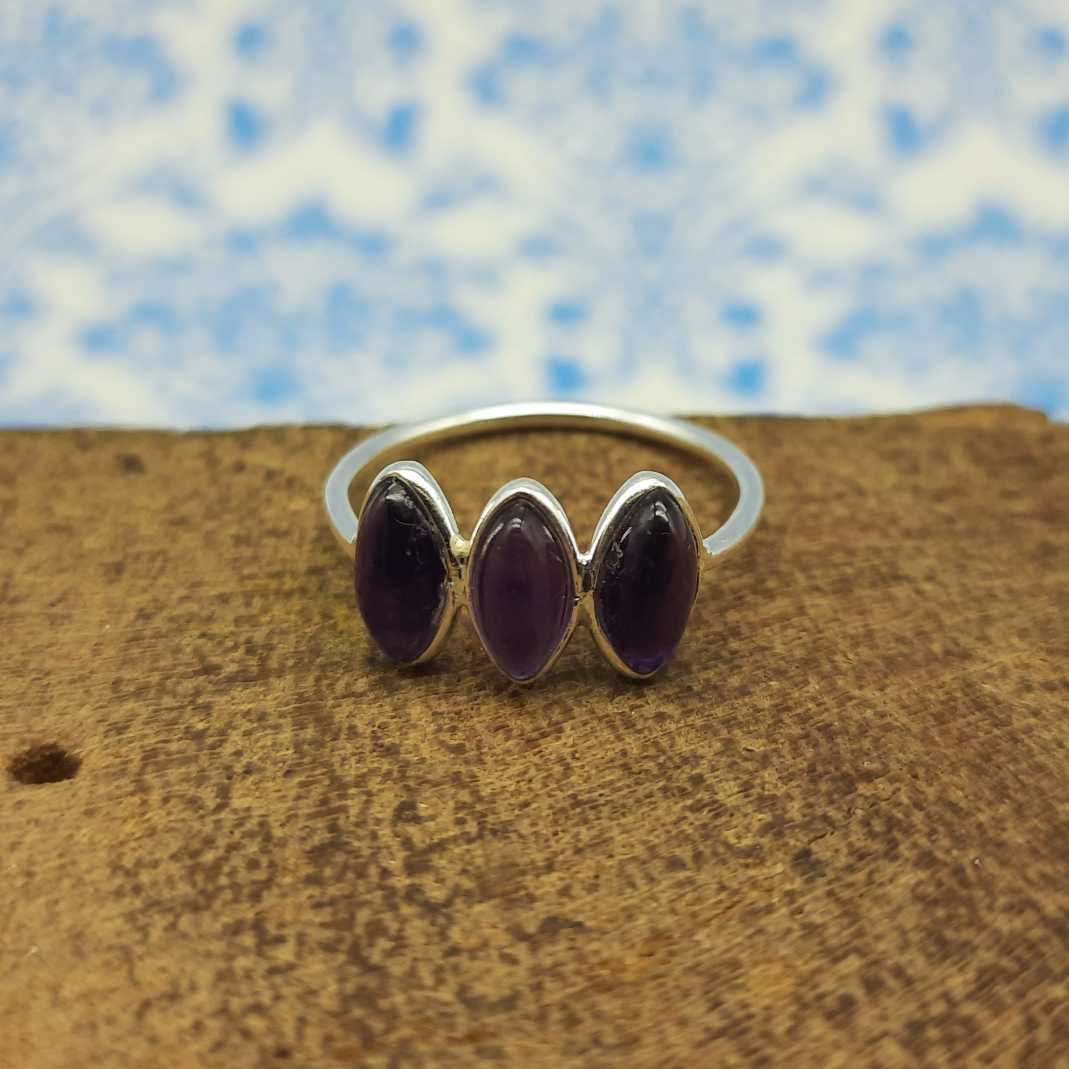 Bezel 925 Silver Amethyst Triple Stone Handcrafted Ring