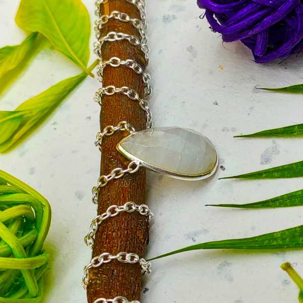 Rainbow Moonstone 925 Silver Oval Chain Necklace Handmade Gift