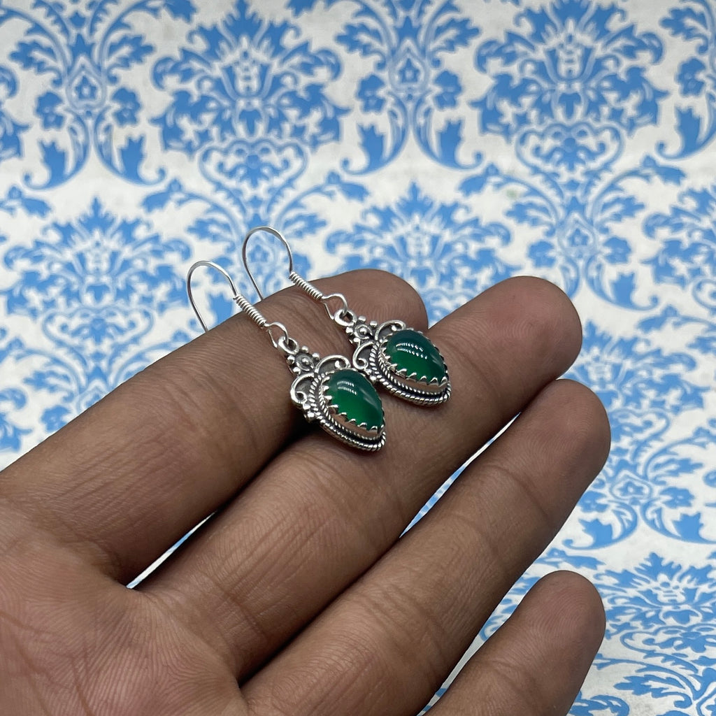 925 Silver Boho Green Onyx Earrings