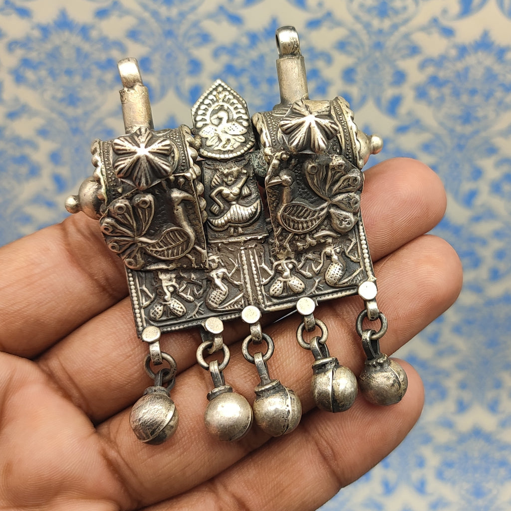 Tribal Padti Drum with Hanging Vintage Solid Silver Pendant Antique Finish Handmade