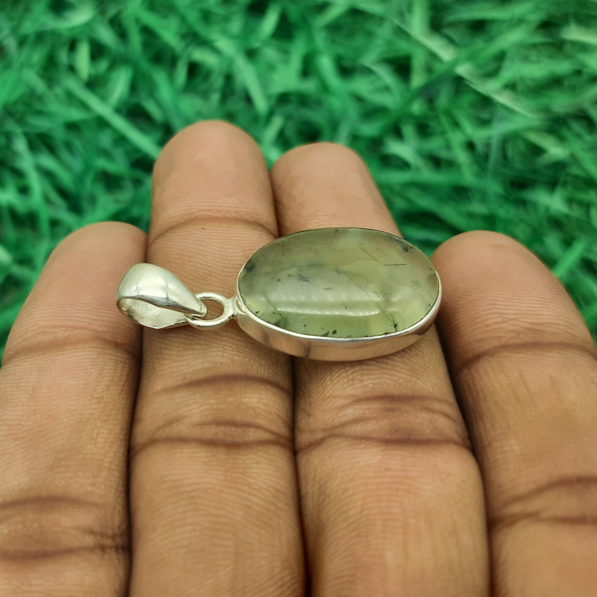 Soft Green Prehnite Pendant in 925 Sterling Silver – Minimal Boho Style