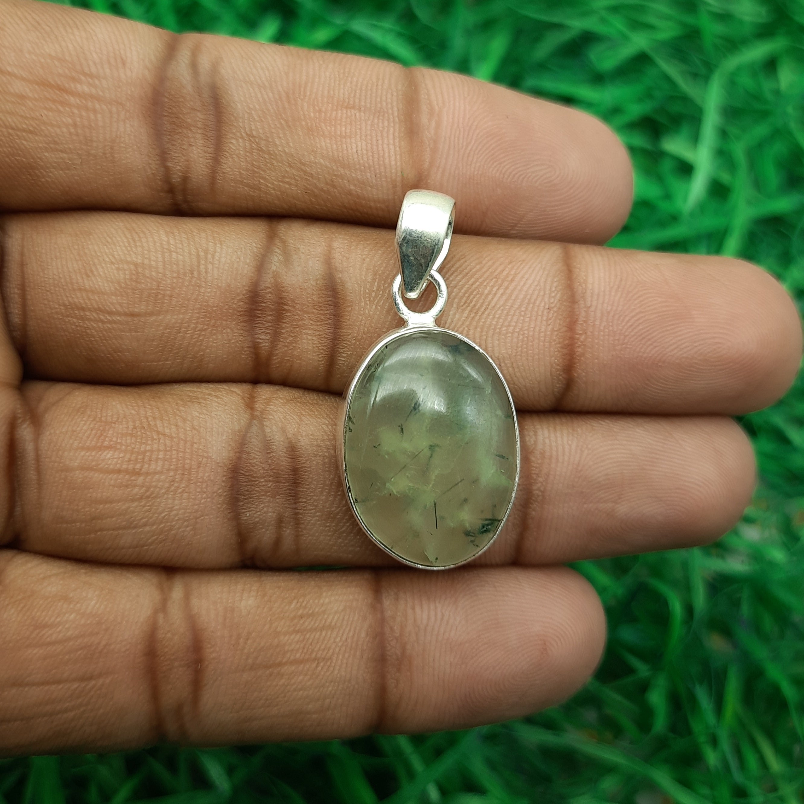 Soft Green Prehnite Pendant in 925 Sterling Silver – Minimal Boho Style