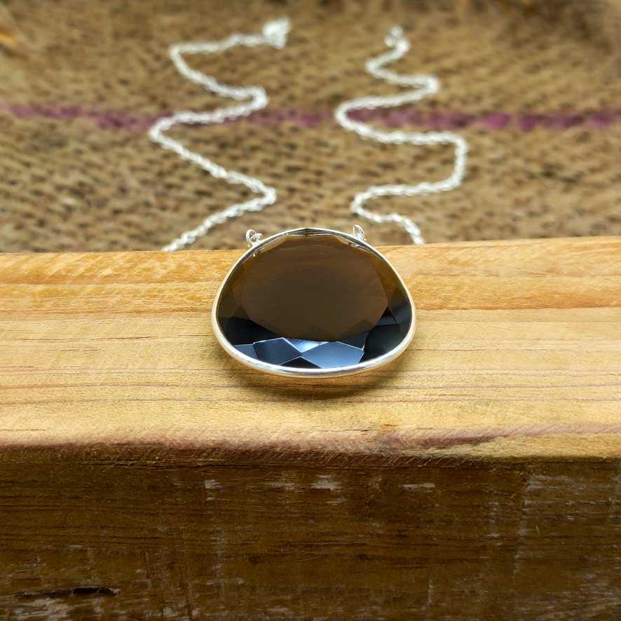 Faceted Smoky Quartz 925 Silver Oval Chain Necklace Gift