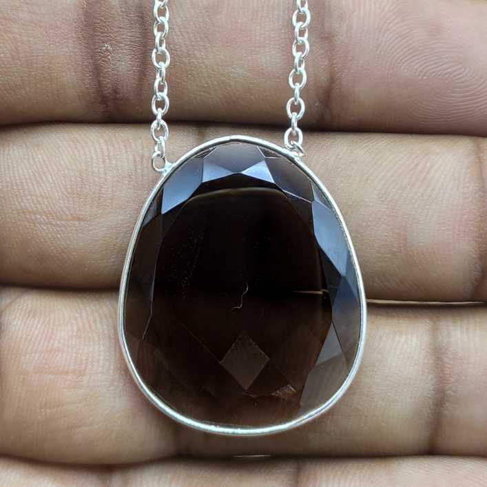 Faceted Smoky Quartz 925 Silver Oval Chain Necklace Gift