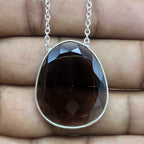 Faceted Smoky Quartz 925 Silver Oval Chain Necklace Gift