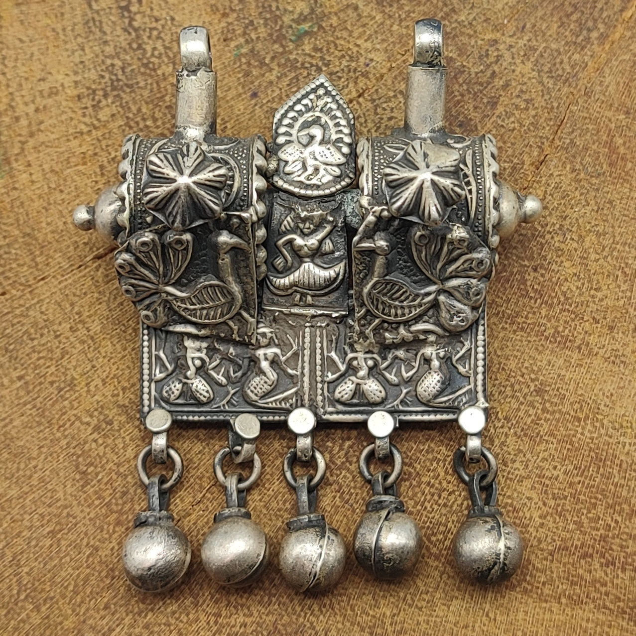 Tribal Padti Drum with Hanging Vintage Solid Silver Pendant Antique Finish Handmade