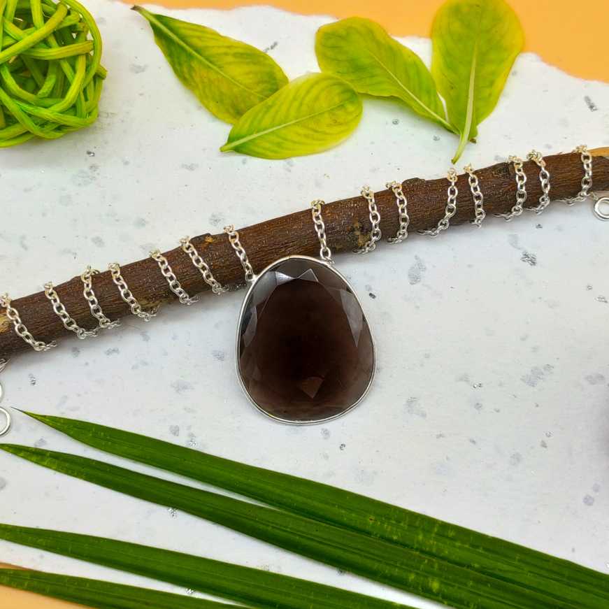 Faceted Smoky Quartz 925 Silver Oval Chain Necklace Gift