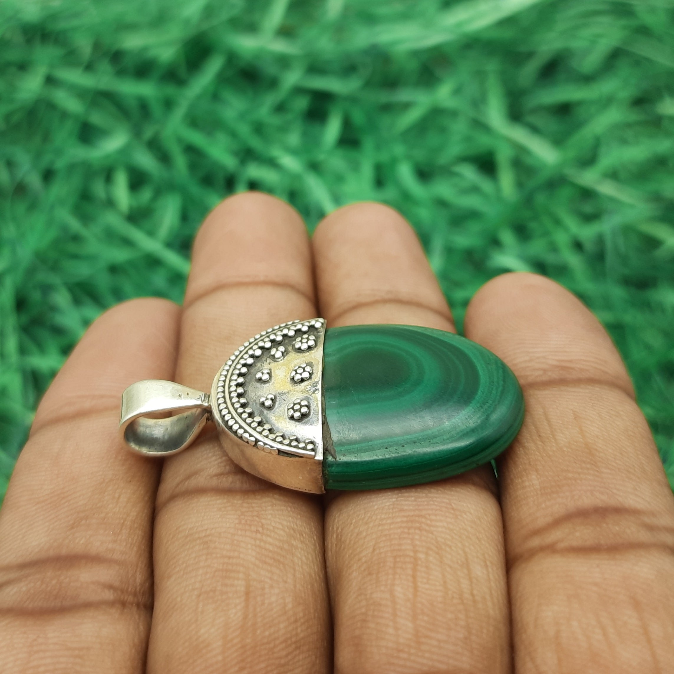 Deep Green Malachite Pendant – Bold 925 Sterling Silver Bohemian Jewelry