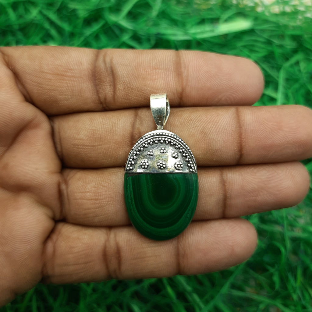 Deep Green Malachite Pendant – Bold 925 Sterling Silver Bohemian Jewelry