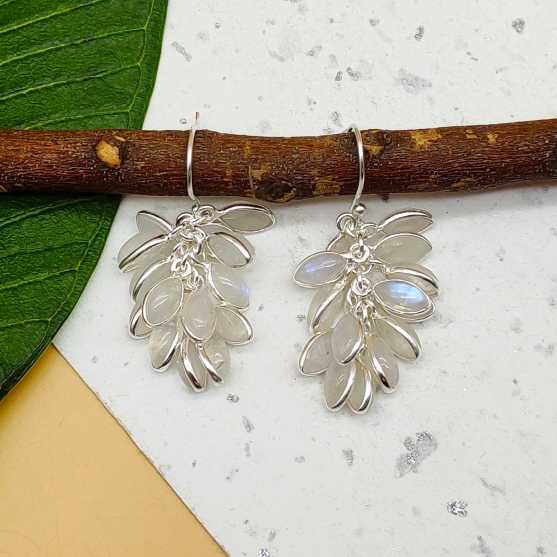 925 Sterling Silver Rainbow Moonstone Leaf Cluster Earrings