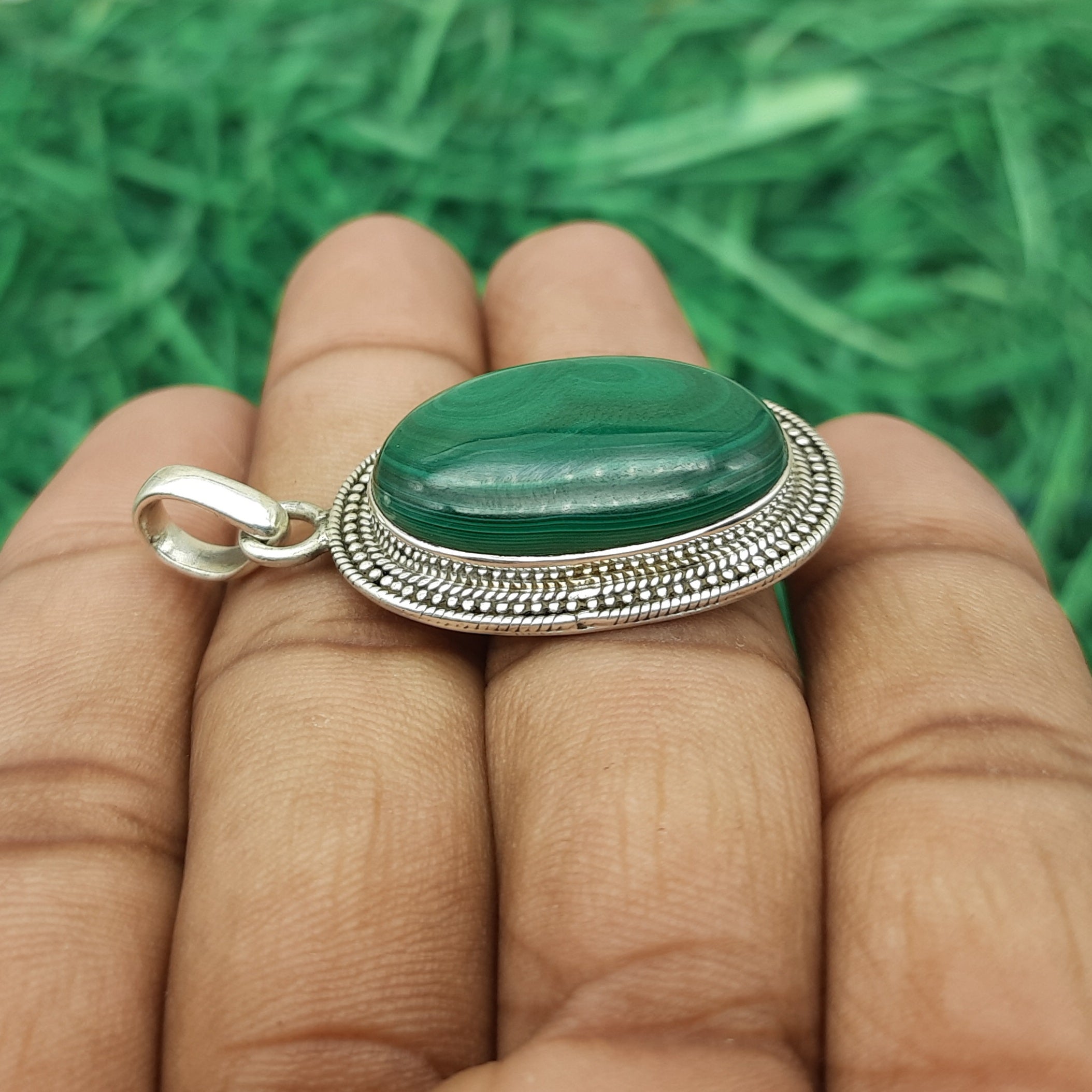 Natural Malachite Stone Pendant in 925 Sterling Silver – Vintage Boho Vib