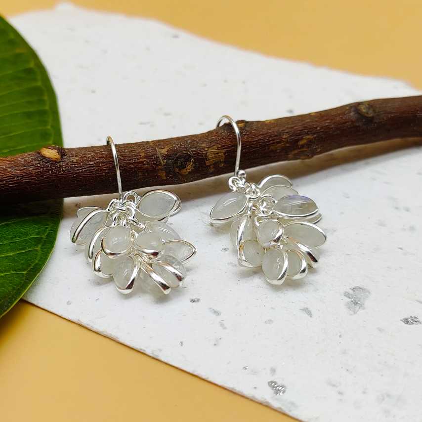 925 Sterling Silver Rainbow Moonstone Leaf Cluster Earrings