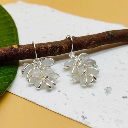 925 Sterling Silver Rainbow Moonstone Leaf Cluster Earrings