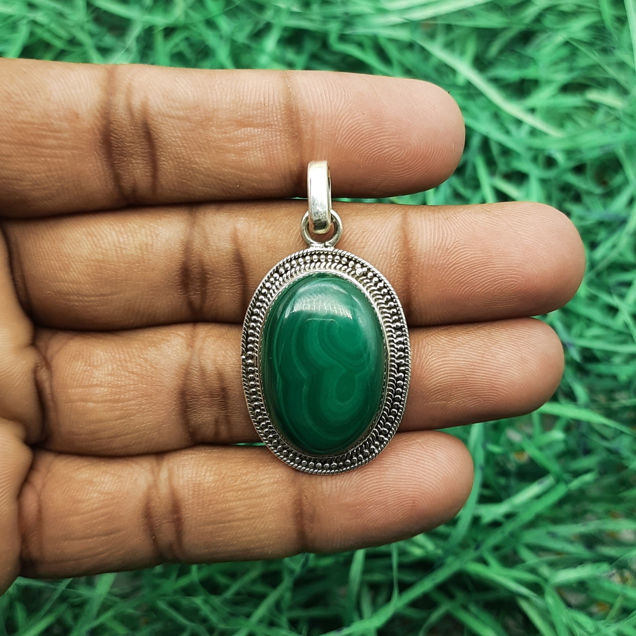 Natural Malachite Stone Pendant in 925 Sterling Silver – Vintage Boho Vib