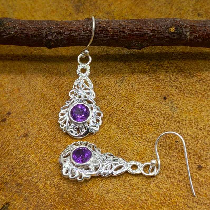 Elegant Purple Amethyst Silver Dangle Earrings