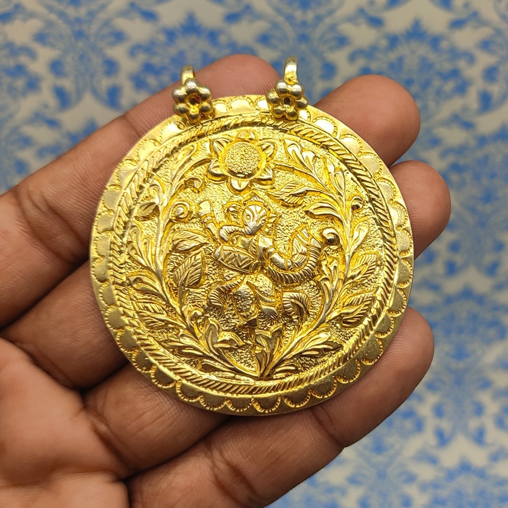 Gold Plated Tribal Floral Pattern Vintage Solid Silver Pendant Antique Finish Handmade