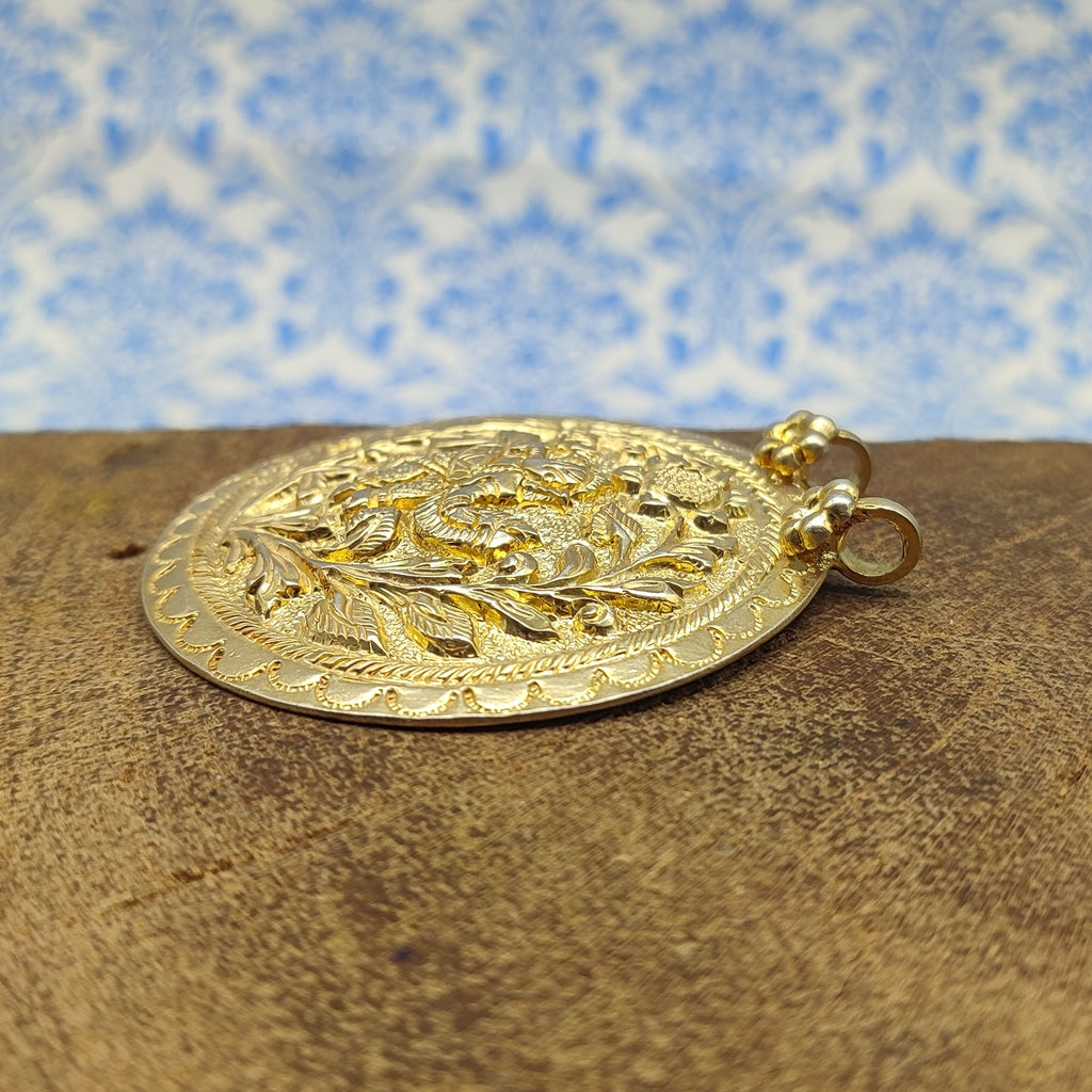 Gold Plated Tribal Floral Pattern Vintage Solid Silver Pendant Antique Finish Handmade