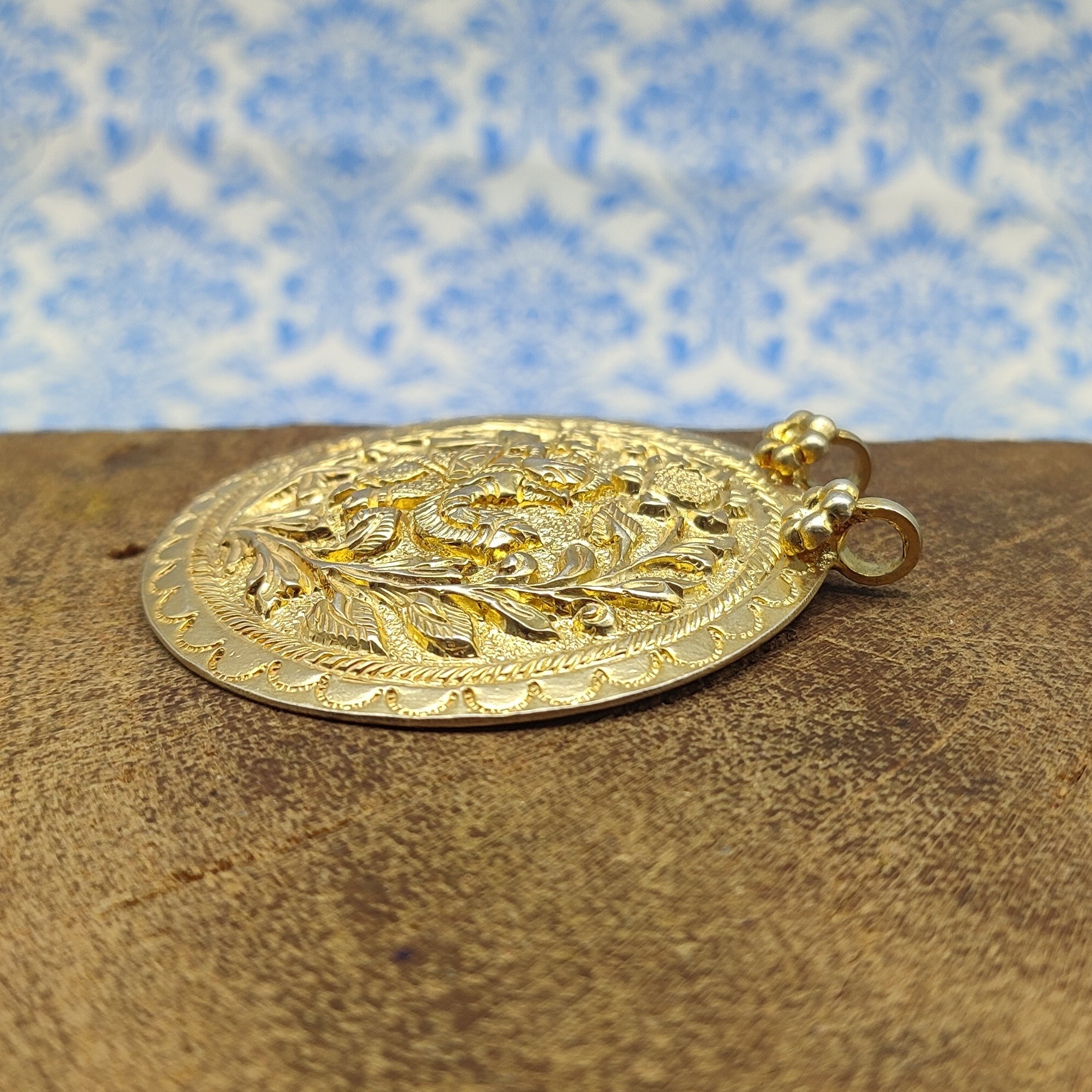 Gold Plated Tribal Floral Pattern Vintage Solid Silver Pendant Antique Finish Handmade