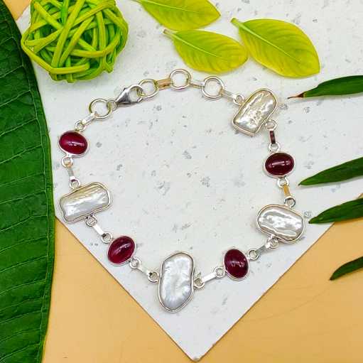 Handmade 925 Sterling Silver Garnet Bracelet Simple Oval Shape Jewelry
