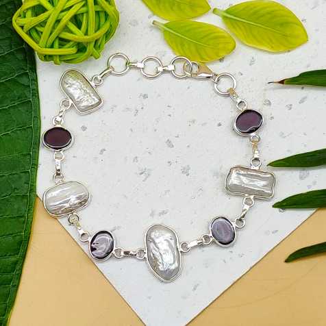 Handmade 925 Sterling Silver Garnet Bracelet Simple Oval Shape Jewelry