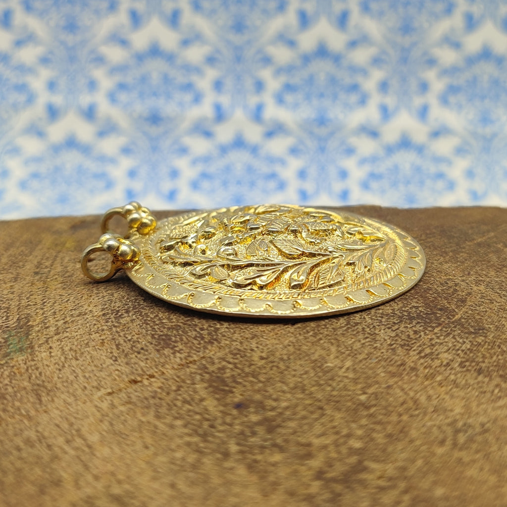 Gold Plated Tribal Floral Pattern Vintage Solid Silver Pendant Antique Finish Handmade