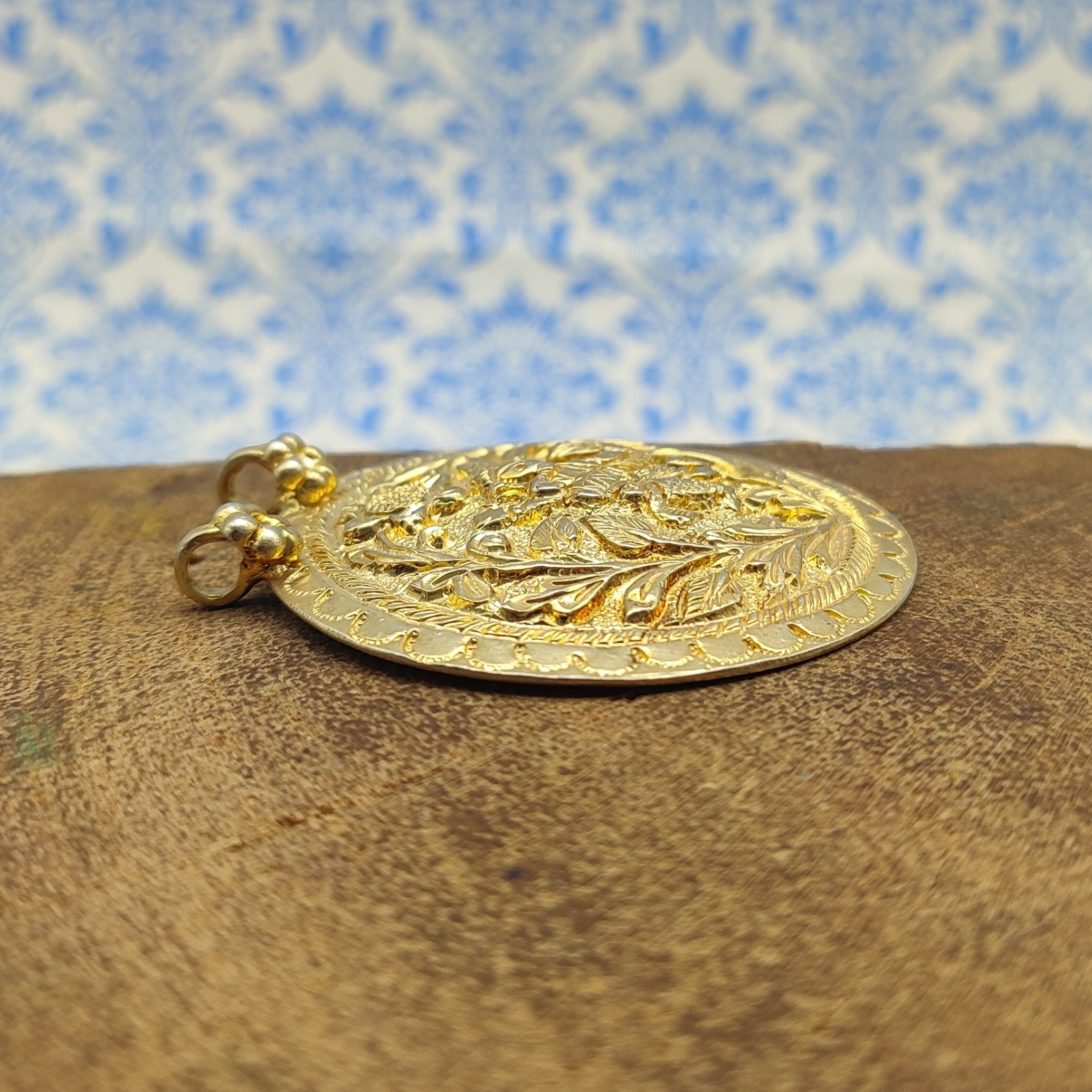 Gold Plated Tribal Floral Pattern Vintage Solid Silver Pendant Antique Finish Handmade