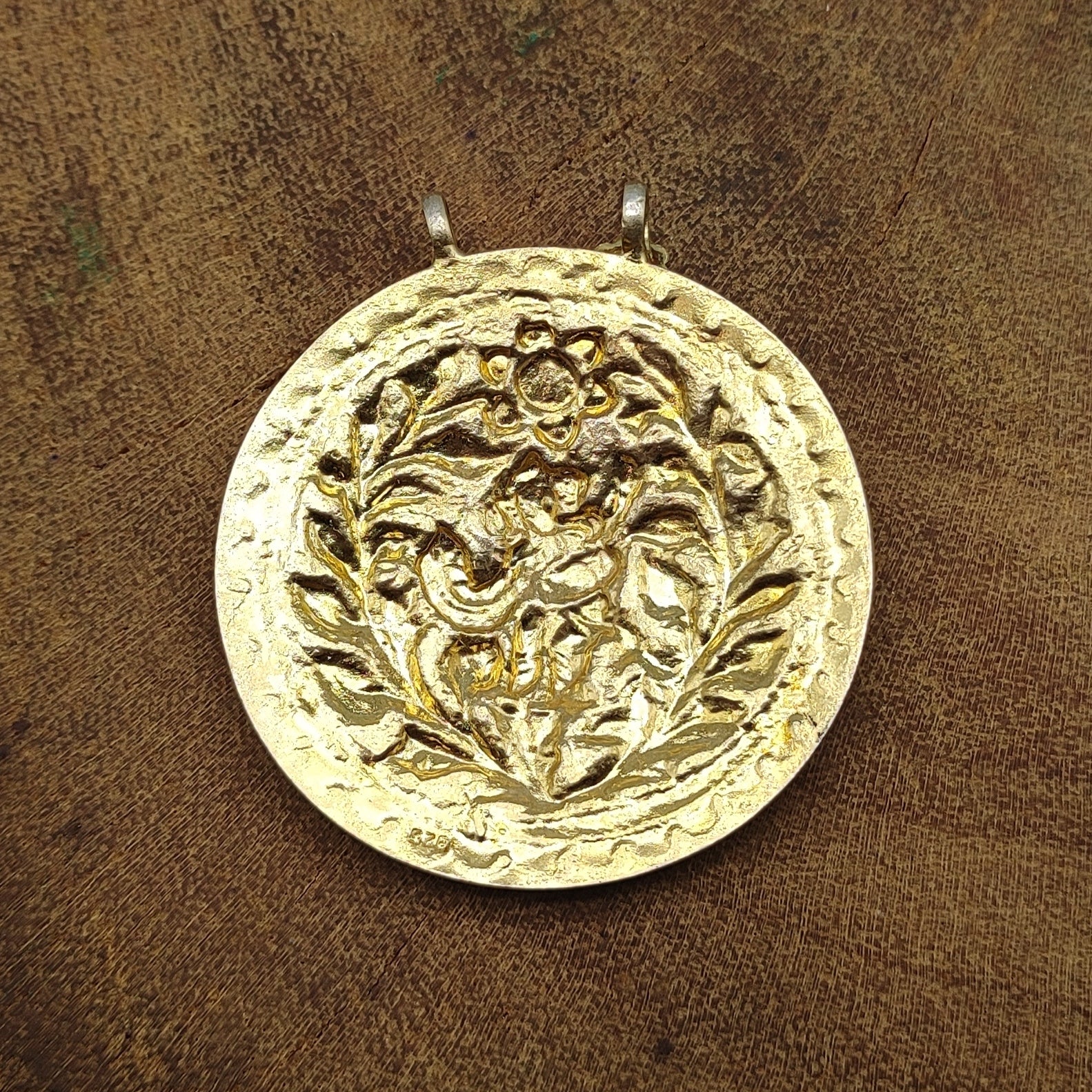 Gold Plated Tribal Floral Pattern Vintage Solid Silver Pendant Antique Finish Handmade