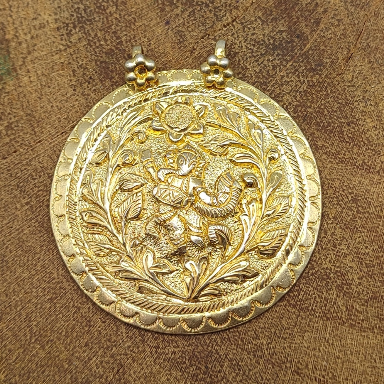 Gold Plated Tribal Floral Pattern Vintage Solid Silver Pendant Antique Finish Handmade