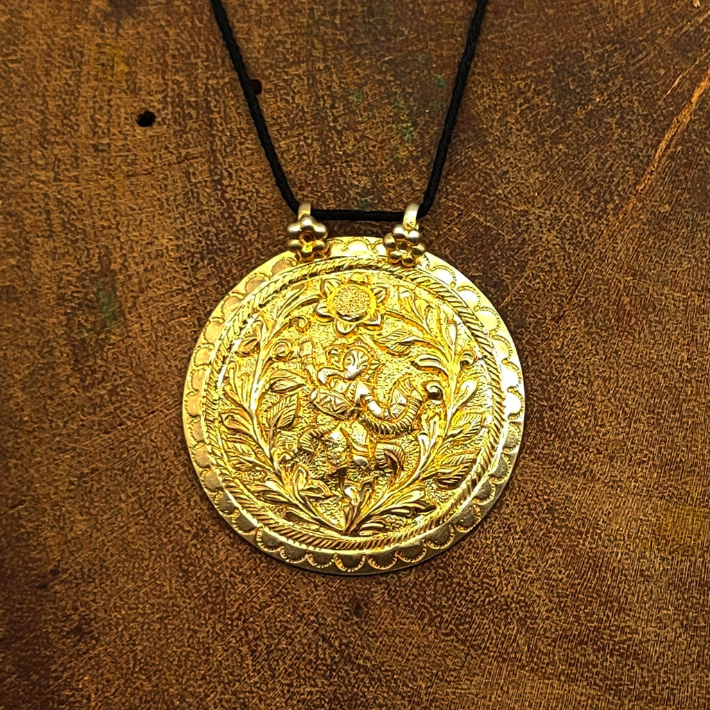 Gold Plated Tribal Floral Pattern Vintage Solid Silver Pendant Antique Finish Handmade