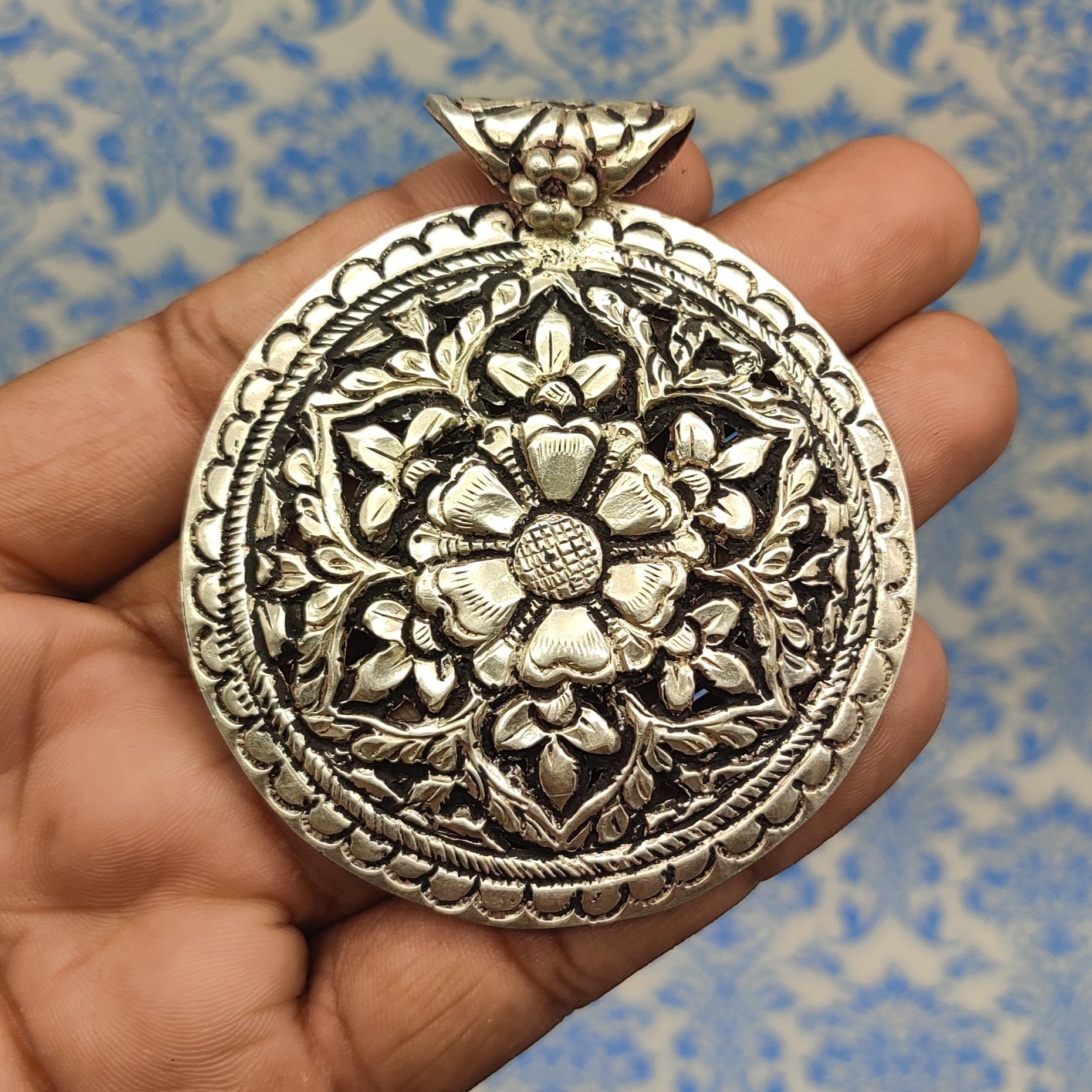 Tribal Mandala Floral Art Vintage Solid Silver Pendant Antique Finish Handmade