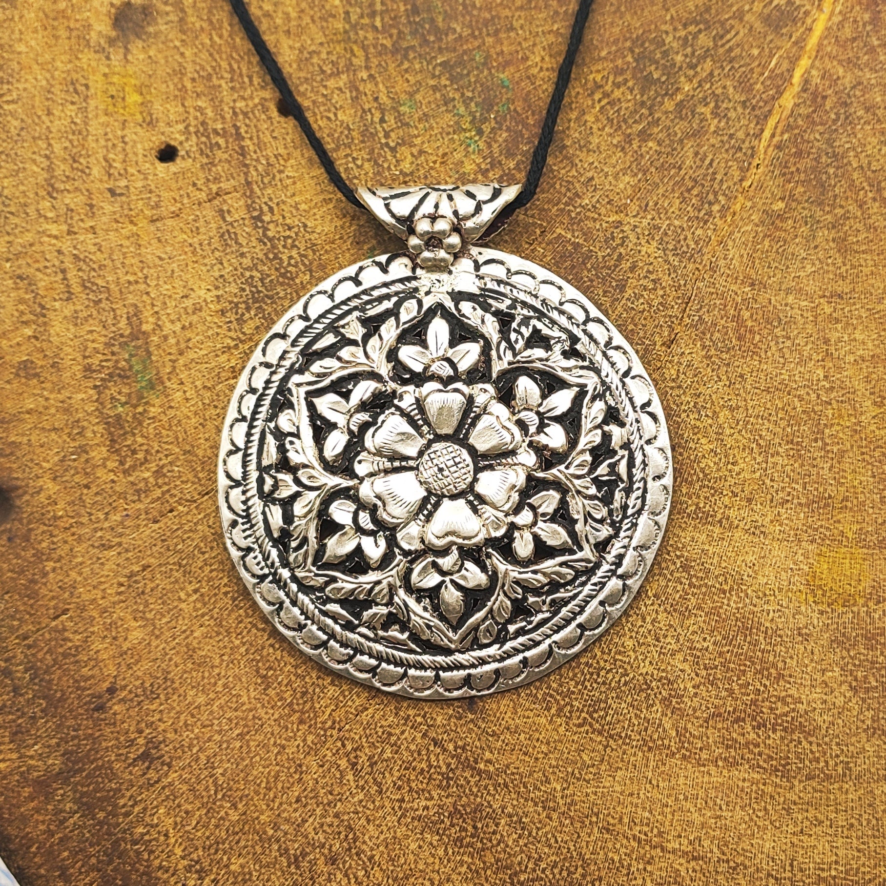 Tribal Mandala Floral Art Vintage Solid Silver Pendant Antique Finish Handmade