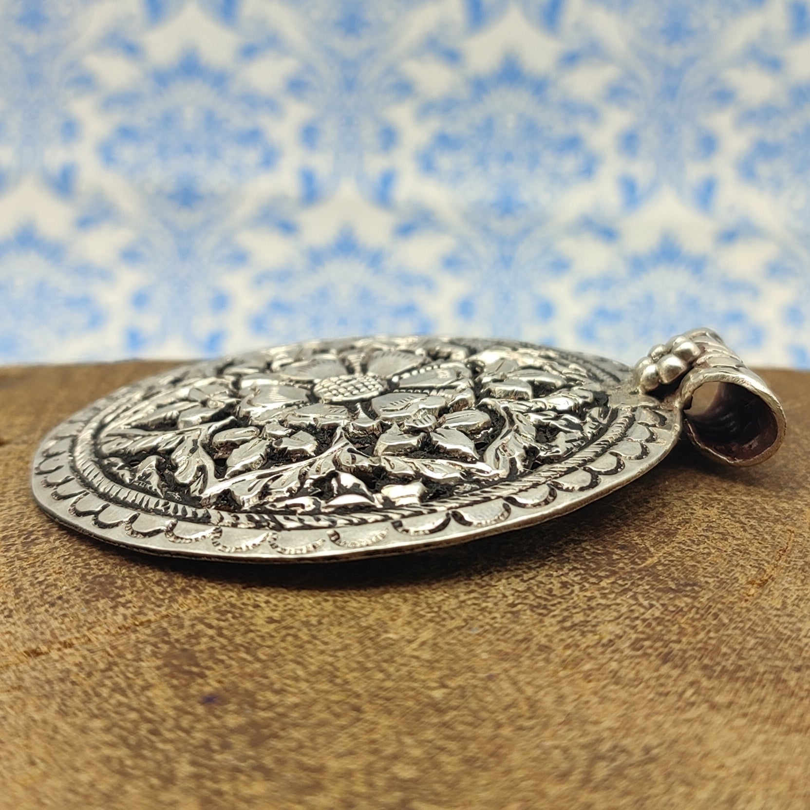 Tribal Mandala Floral Art Vintage Solid Silver Pendant Antique Finish Handmade