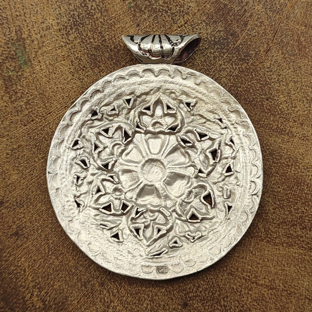 Tribal Mandala Floral Art Vintage Solid Silver Pendant Antique Finish Handmade