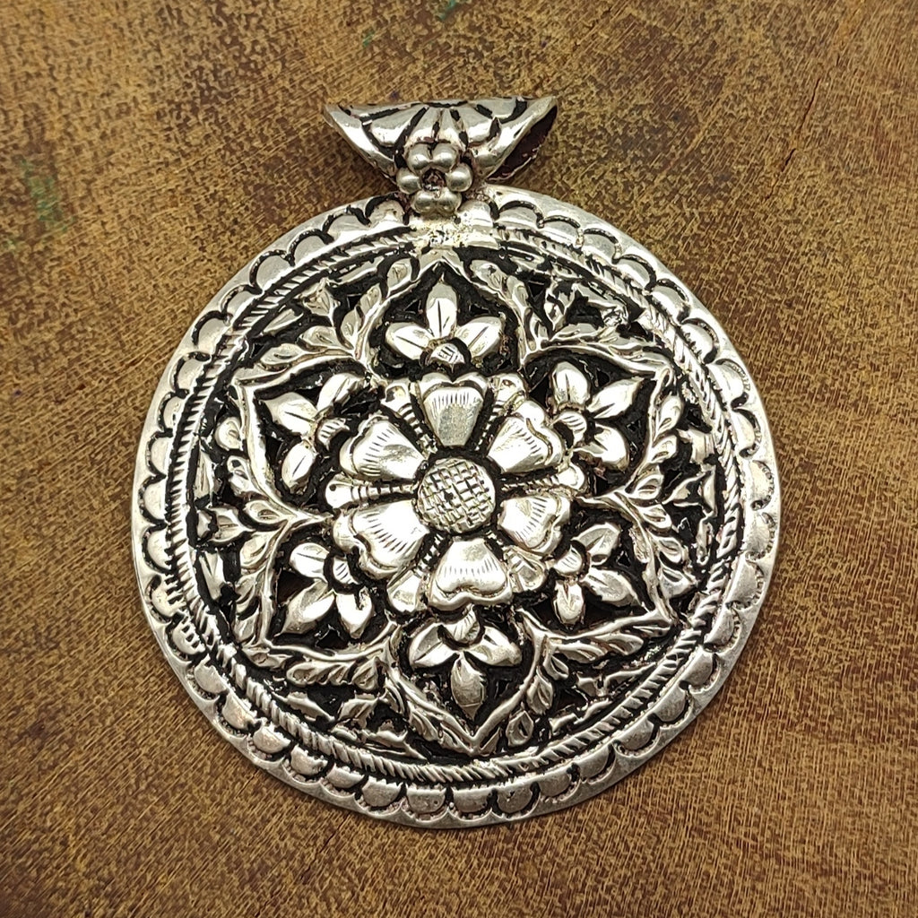 Tribal Mandala Floral Art Vintage Solid Silver Pendant Antique Finish Handmade