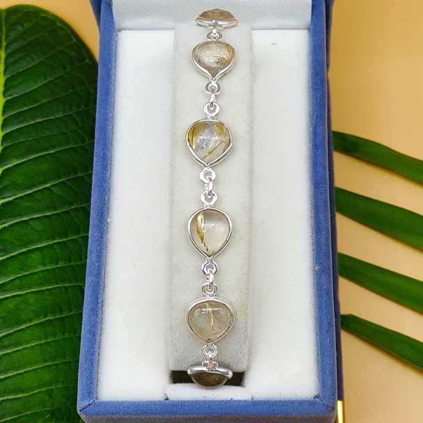 Luxury Handmade Rutile Quartz  Bracelet in 925 Sterling Silver Link Design