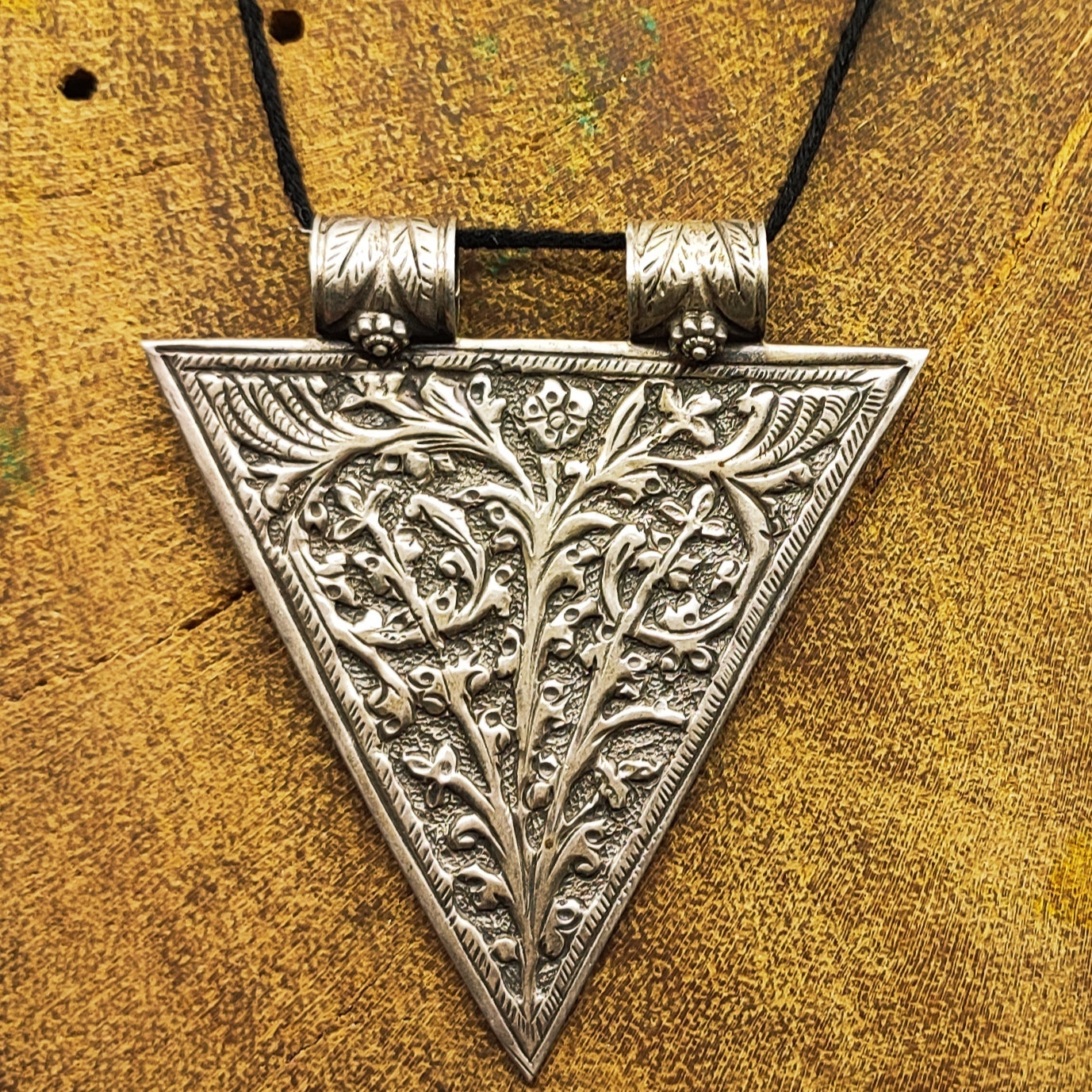 Tribal Floral Triangle Vintage Solid Silver Pendant Antique Finish Handmade