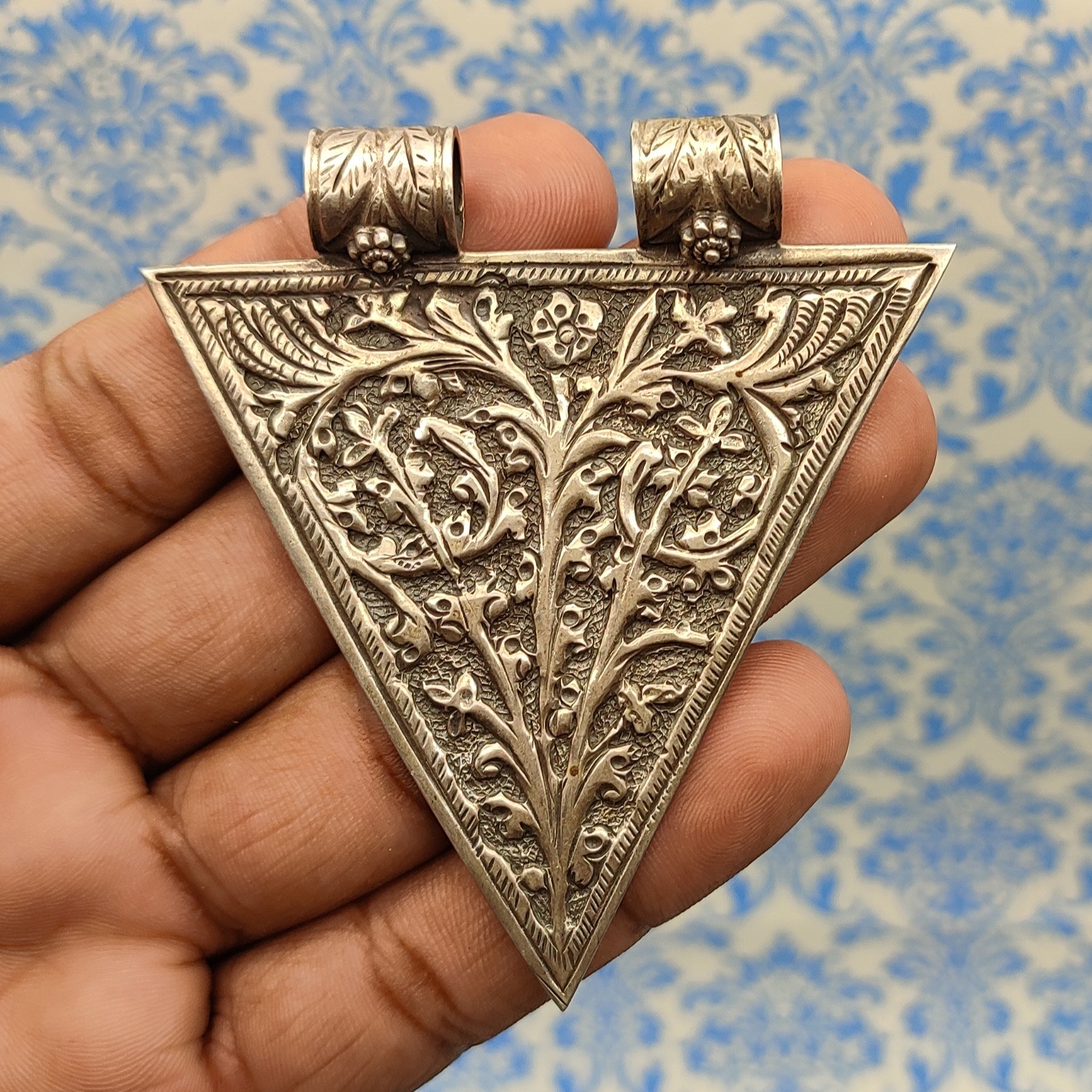 Tribal Floral Triangle Vintage Solid Silver Pendant Antique Finish Handmade