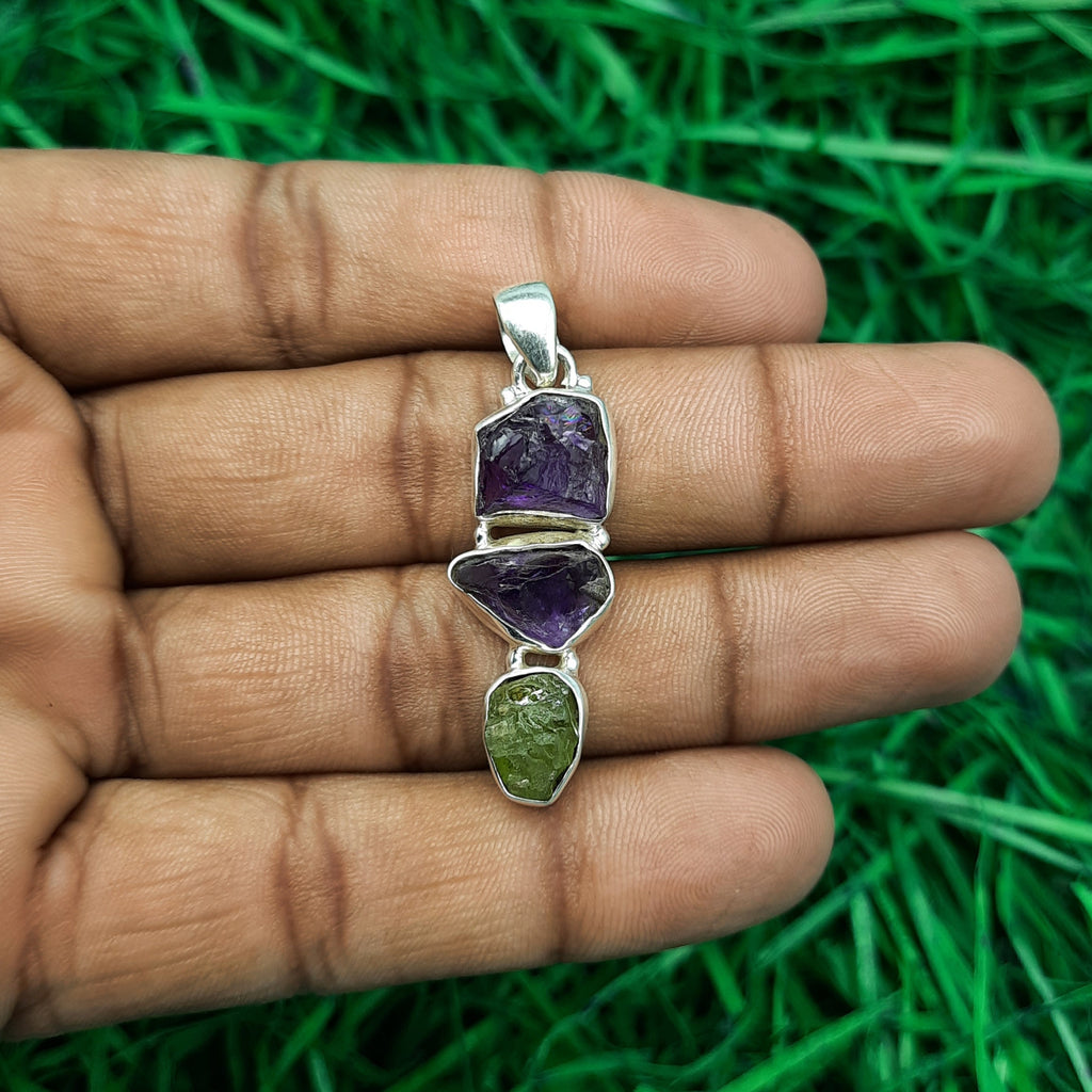 Raw Amethyst & Peridot Rough Pendant – Handmade 925 Silver Nepali Boho Designer Piece