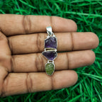Raw Amethyst & Peridot Rough Pendant – Handmade 925 Silver Nepali Boho Designer Piece