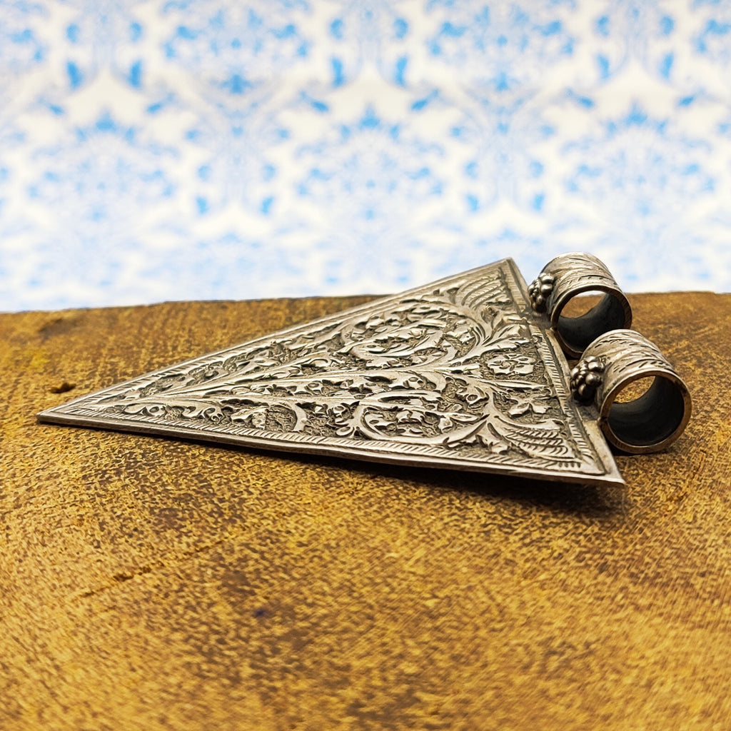 Tribal Floral Triangle Vintage Solid Silver Pendant Antique Finish Handmade